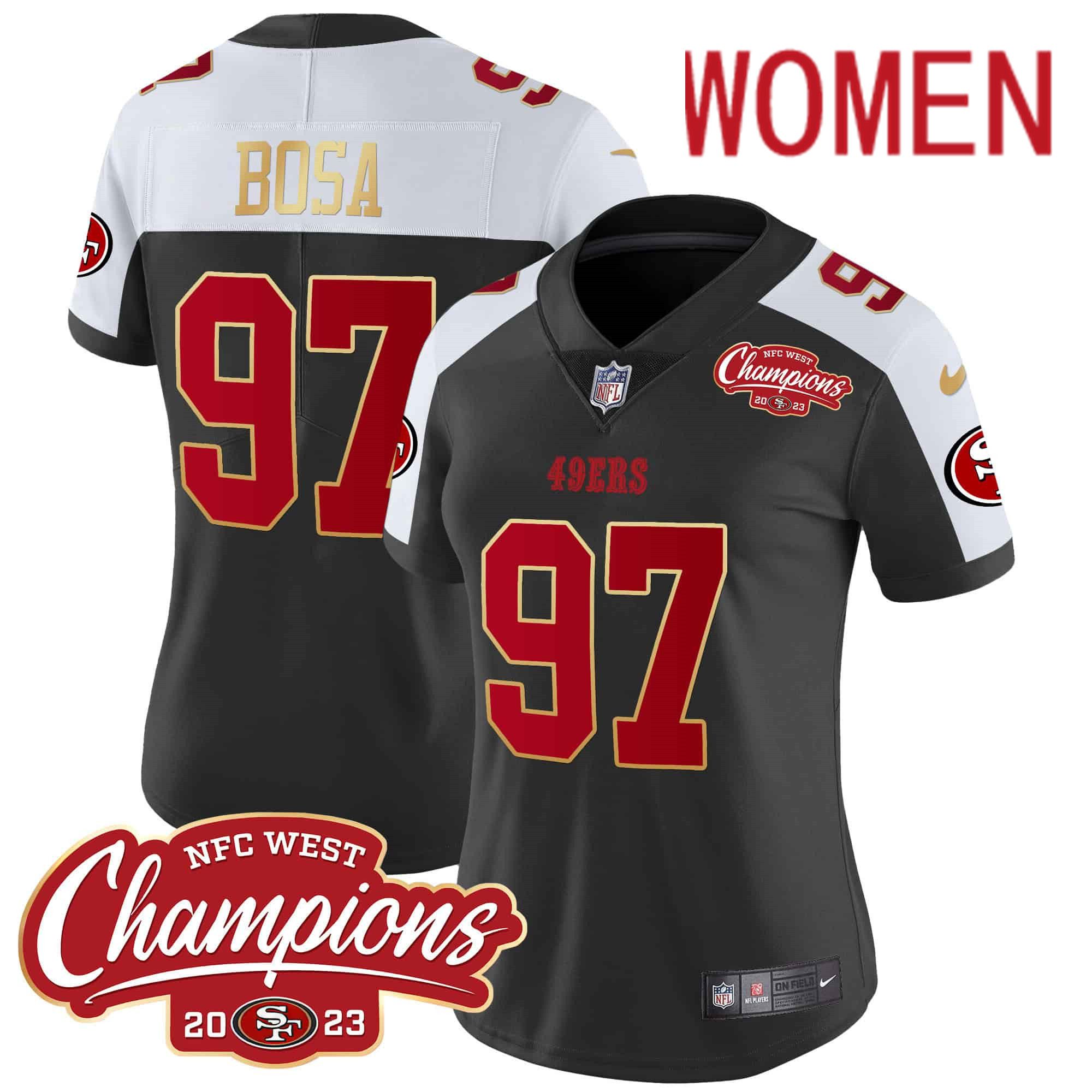 Women San Francisco 49ers 97 Bosa Black 2024 Nike NFC West Champions Gold Trim Vapor NFL Jersey